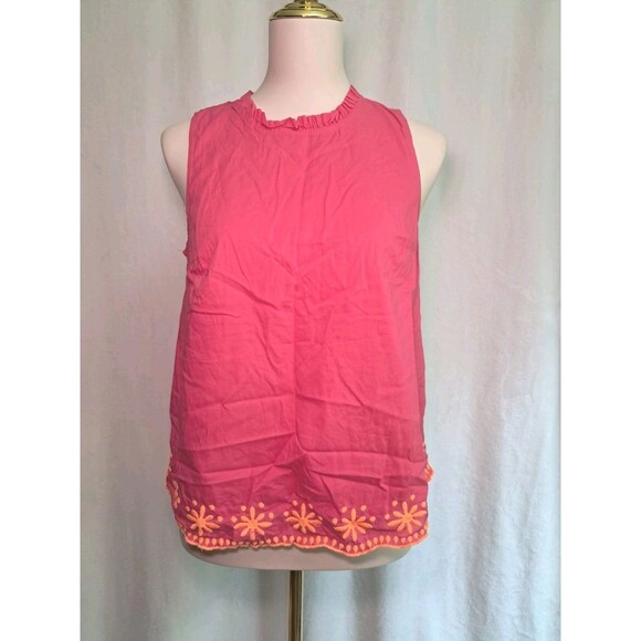 J. Crew Cotton High-Neck Swing Top Pink Orange Embroidery Sleeveless Size XS - Picture 2 of 11